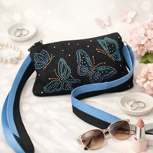 Brighton Embellished VIP Black & Blue Butterfly Denim Crossbody Bag Like NEW